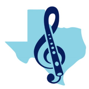 Texas Flute Society logo: a treble clef shaped like a flute over the state of Texas